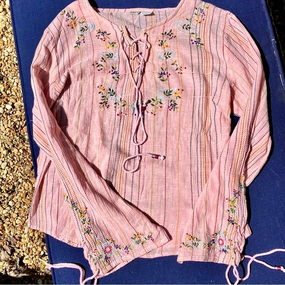 Raviya Tops - 100% Cotton Made in India, pale pink boho embroidered blouse romantic floral S